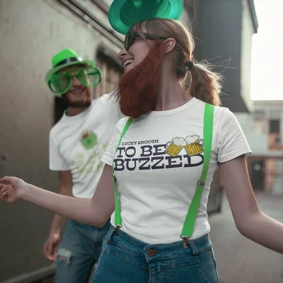 Lucky Enough to Be Buzzed Graphic Tee  Funny St. Patrick’s Day Shirt - Picture 1 of 4